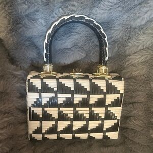 Woven Black and Cream Top-Handle Bag